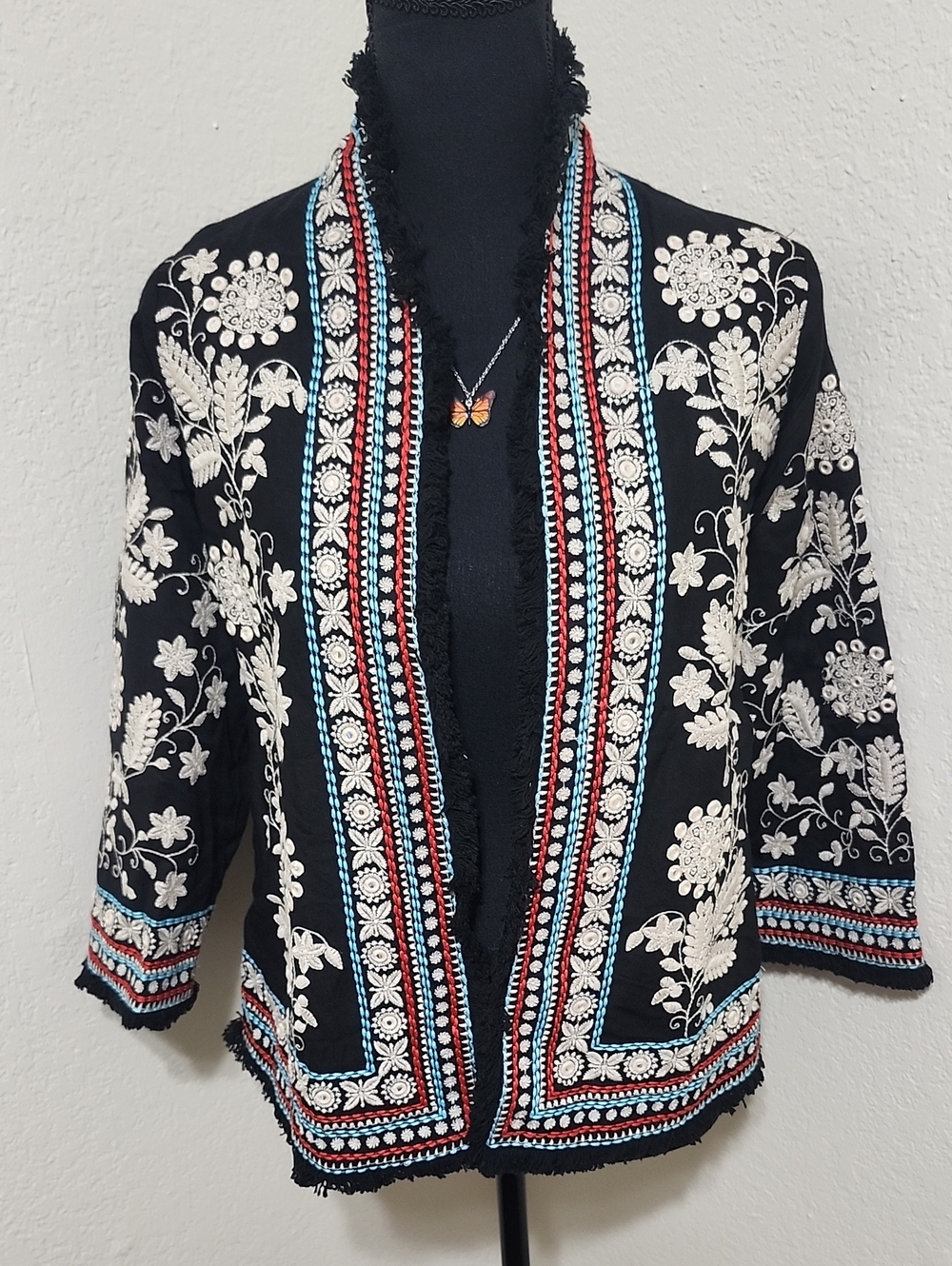 Lovestitch Black Embroidered Open Front Boho Bolero Jacket Coat Sz S Statement